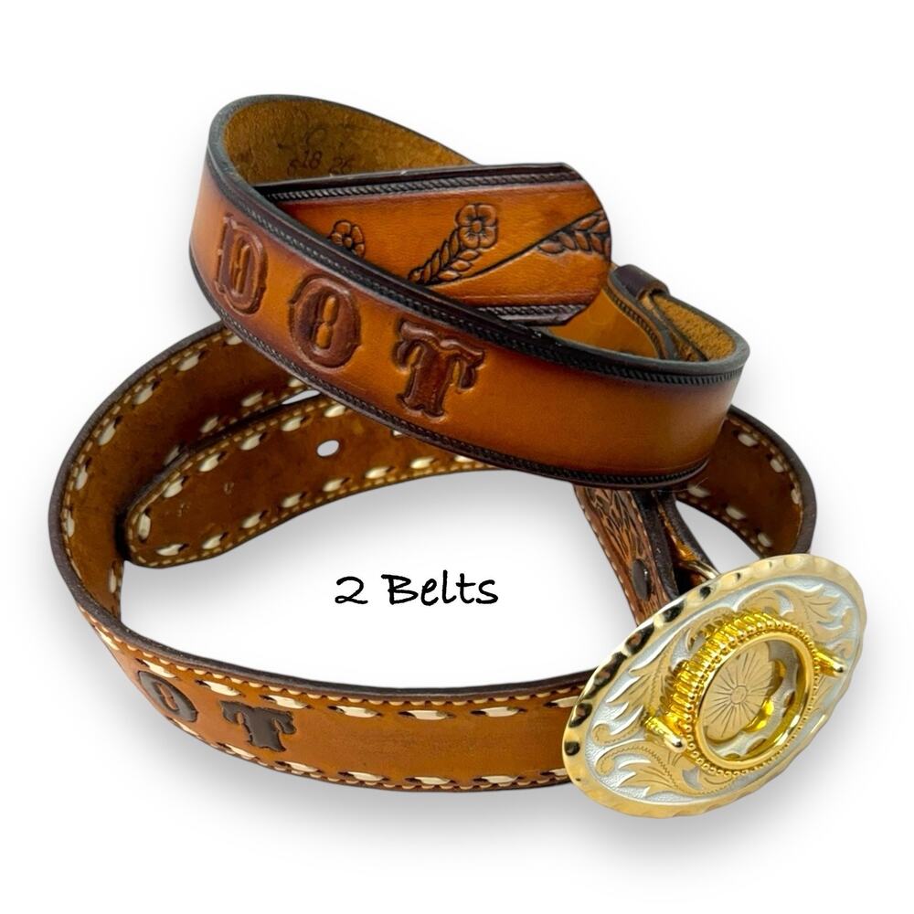2 Tooled Leather Western Belts “DOT” Size 26 Brown 3-Tone Floral Buckle